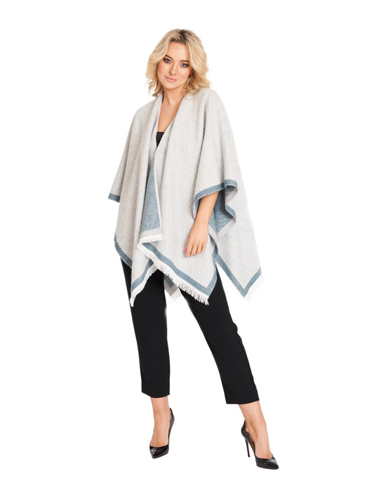 Hourihan Acrylic Wrap #9224-Grey & Cream Herringbone with Denim Border